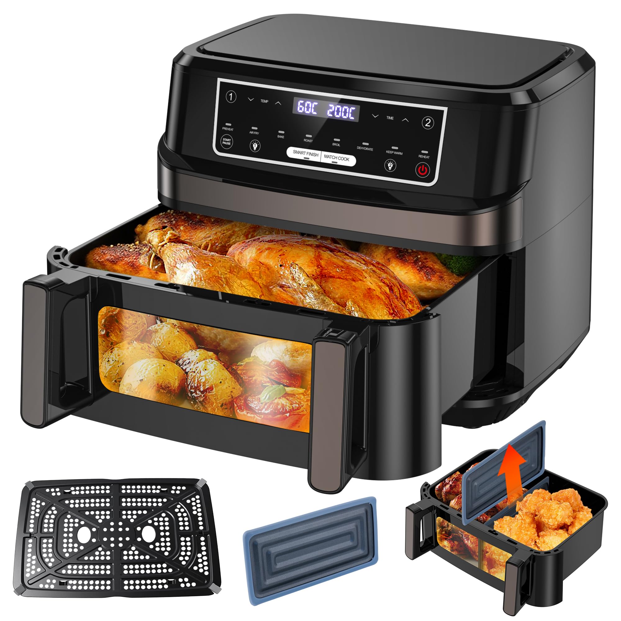 Heißluftfritteuse 7L mit Sichtfenster & Touchscreen – Airfryer mit 10 Programmen, Aufheizfunktion, Innenbeleuchtung | Frittieren ohne Fett | BPA- & PFAS-frei