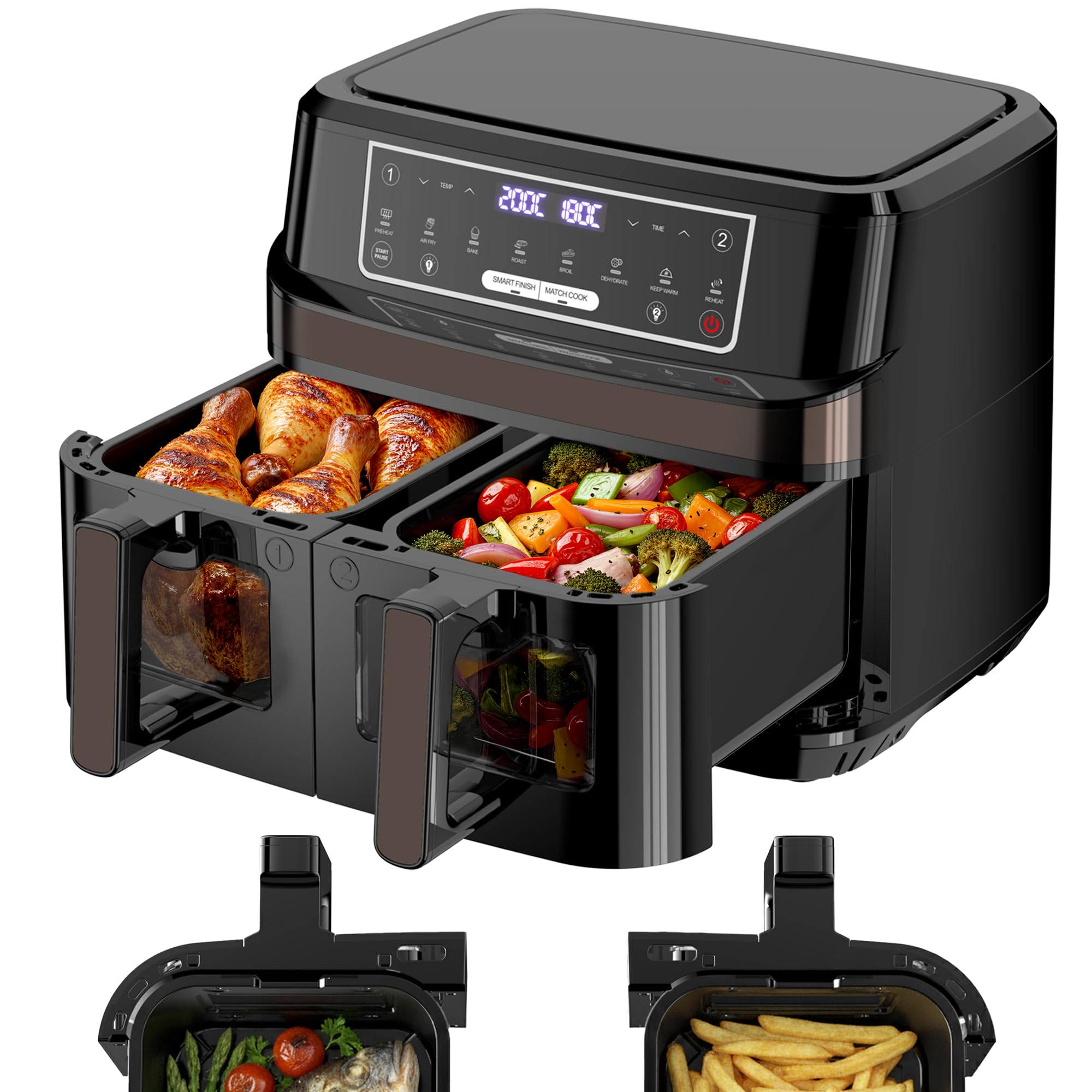 Heißluftfritteuse 7L mit Sichtfenster & Touchscreen – Airfryer mit 10 Programmen, Aufheizfunktion, Innenbeleuchtung | Frittieren ohne Fett | BPA- & PFAS-frei