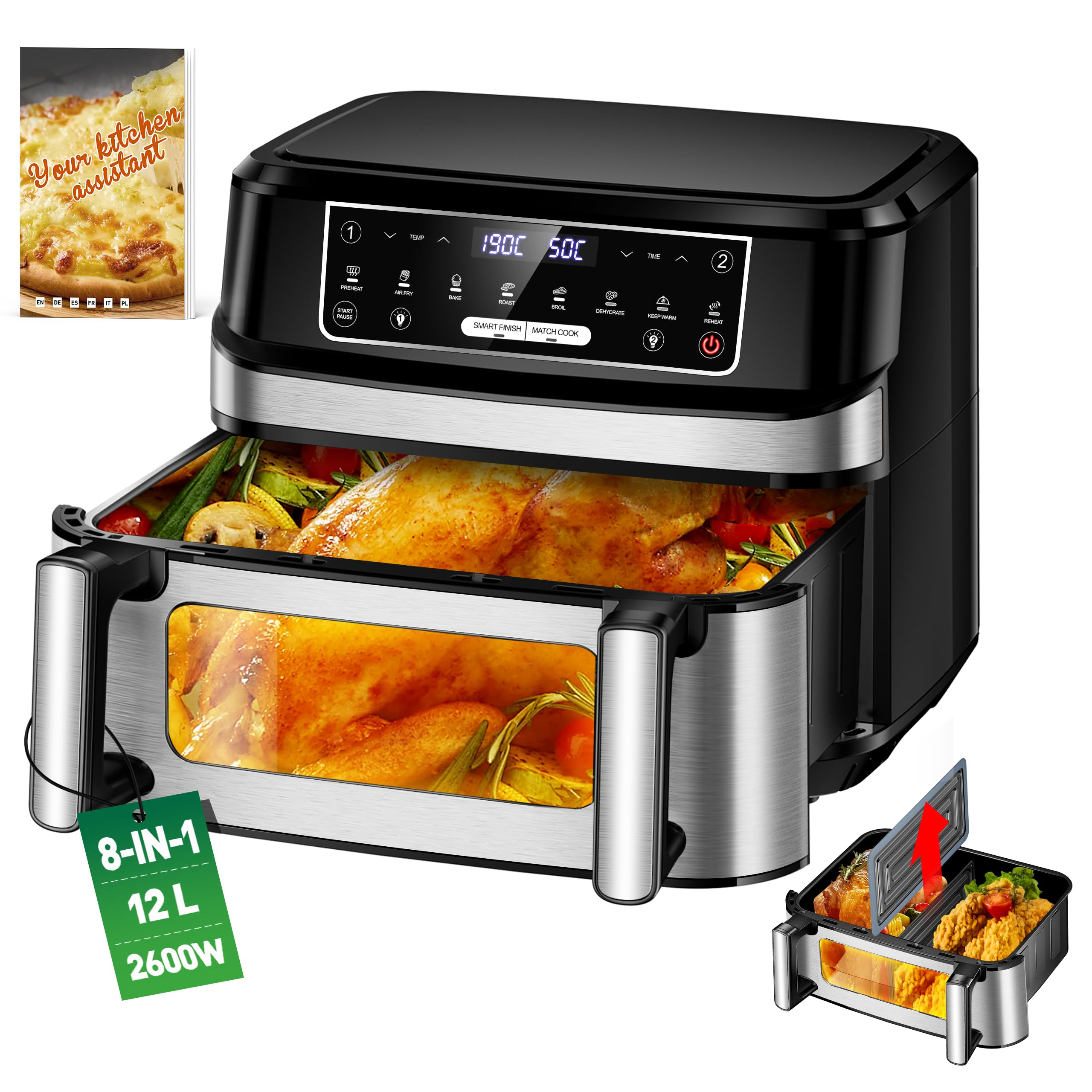 Heißluftfritteuse 7L mit Sichtfenster & Touchscreen – Airfryer mit 10 Programmen, Aufheizfunktion, Innenbeleuchtung | Frittieren ohne Fett | BPA- & PFAS-frei