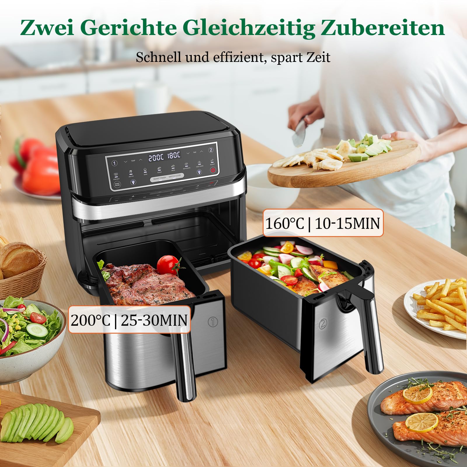 Heißluftfritteuse 7L mit Sichtfenster & Touchscreen – Airfryer mit 10 Programmen, Aufheizfunktion, Innenbeleuchtung | Frittieren ohne Fett | BPA- & PFAS-frei