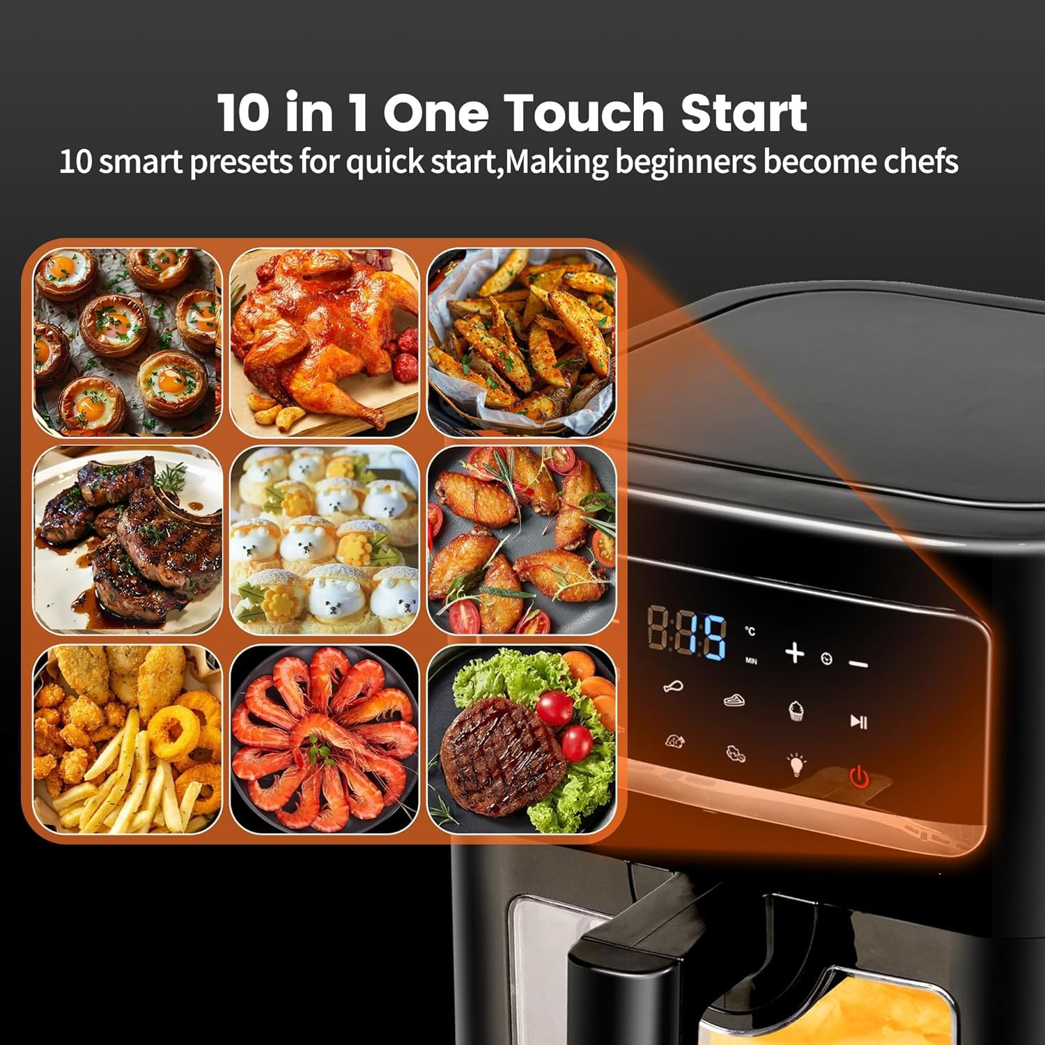 Heißluftfritteuse 7L mit Sichtfenster & Touchscreen – Airfryer mit 10 Programmen, Aufheizfunktion, Innenbeleuchtung | Frittieren ohne Fett | BPA- & PFAS-frei