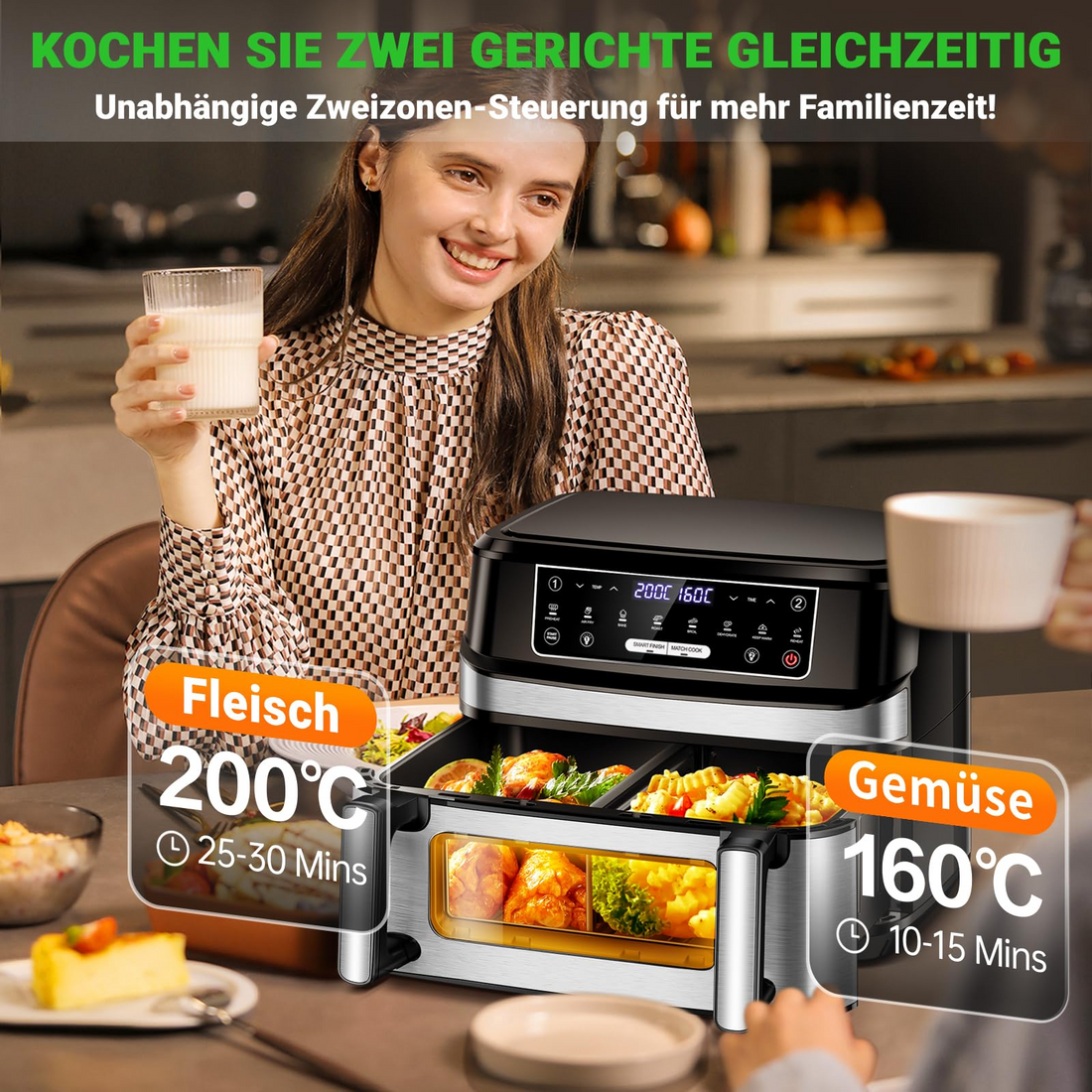 Heißluftfritteuse 7L mit Sichtfenster & Touchscreen – Airfryer mit 10 Programmen, Aufheizfunktion, Innenbeleuchtung | Frittieren ohne Fett | BPA- & PFAS-frei