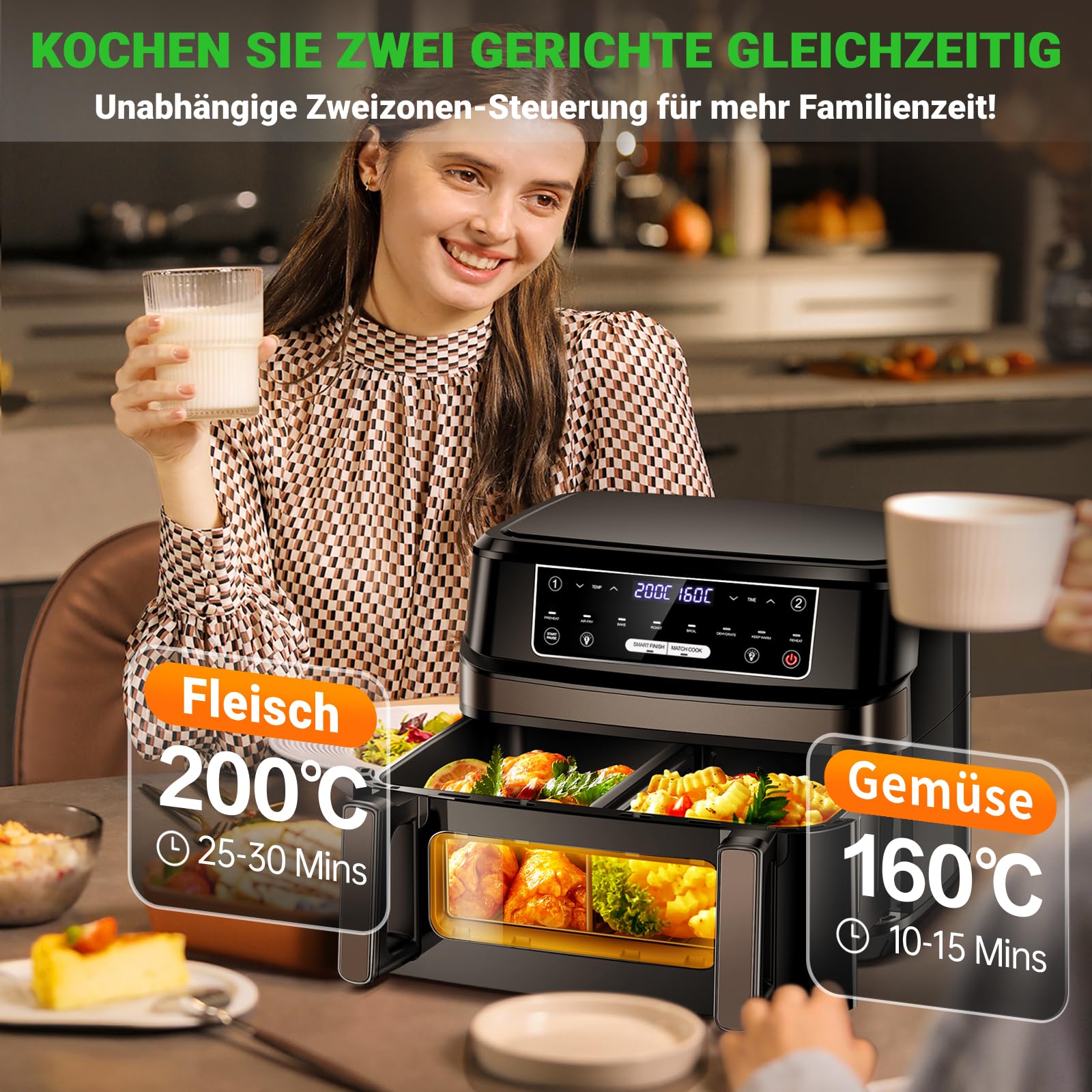 Heißluftfritteuse 7L mit Sichtfenster & Touchscreen – Airfryer mit 10 Programmen, Aufheizfunktion, Innenbeleuchtung | Frittieren ohne Fett | BPA- & PFAS-frei