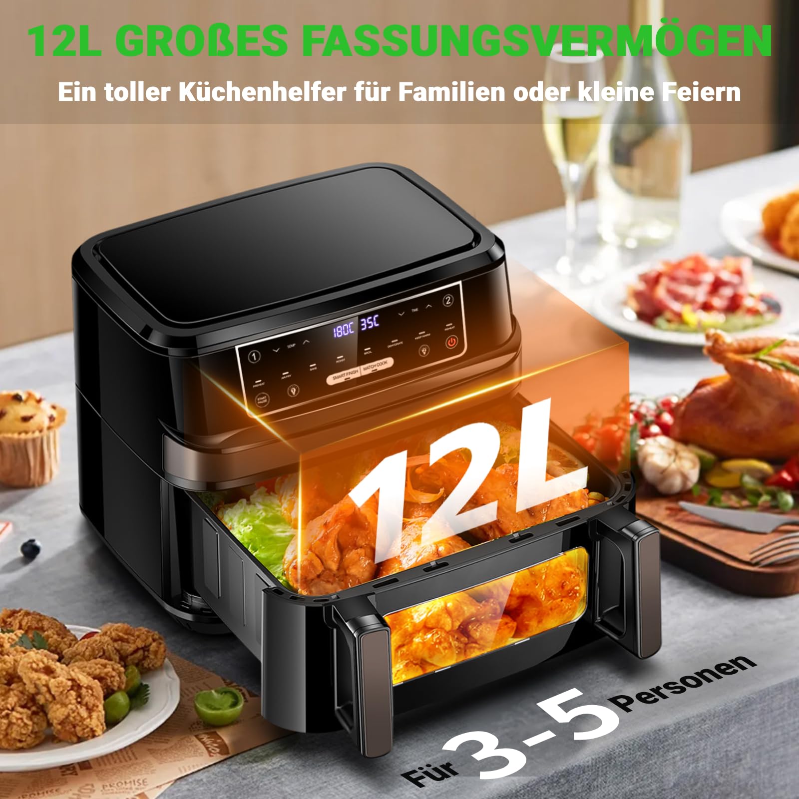 Heißluftfritteuse 7L mit Sichtfenster & Touchscreen – Airfryer mit 10 Programmen, Aufheizfunktion, Innenbeleuchtung | Frittieren ohne Fett | BPA- & PFAS-frei