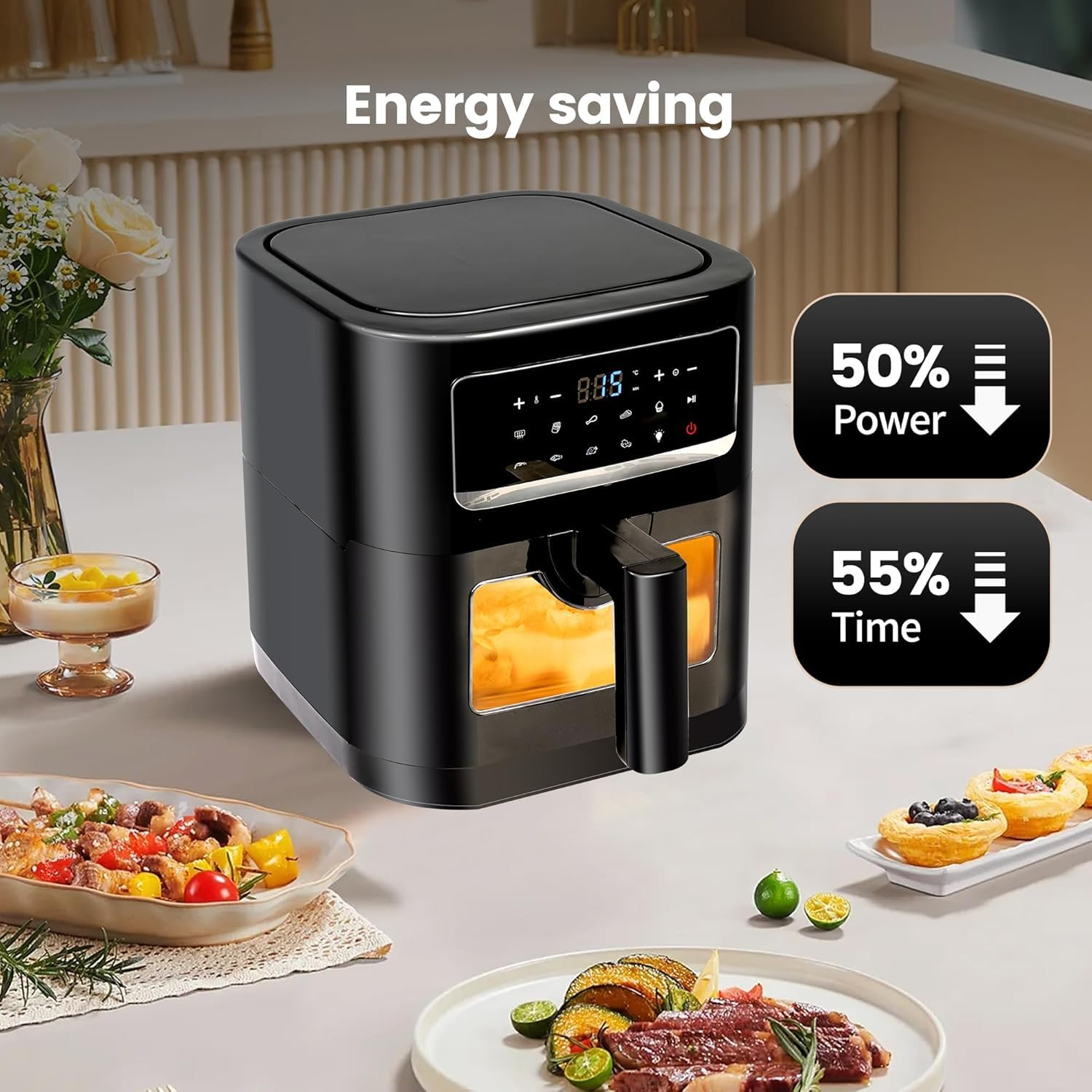 Heißluftfritteuse 7L mit Sichtfenster & Touchscreen – Airfryer mit 10 Programmen, Aufheizfunktion, Innenbeleuchtung | Frittieren ohne Fett | BPA- & PFAS-frei