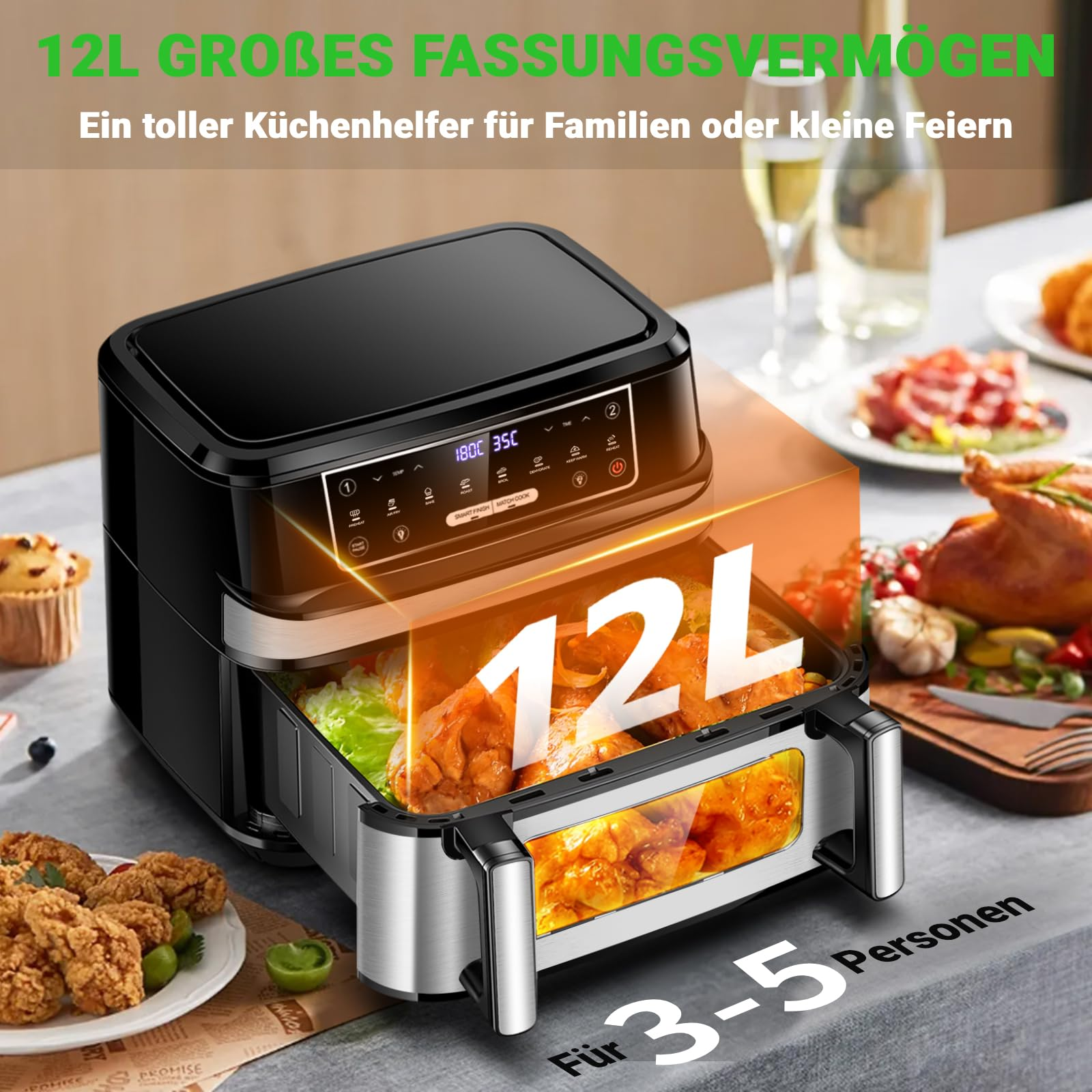 Heißluftfritteuse 7L mit Sichtfenster & Touchscreen – Airfryer mit 10 Programmen, Aufheizfunktion, Innenbeleuchtung | Frittieren ohne Fett | BPA- & PFAS-frei