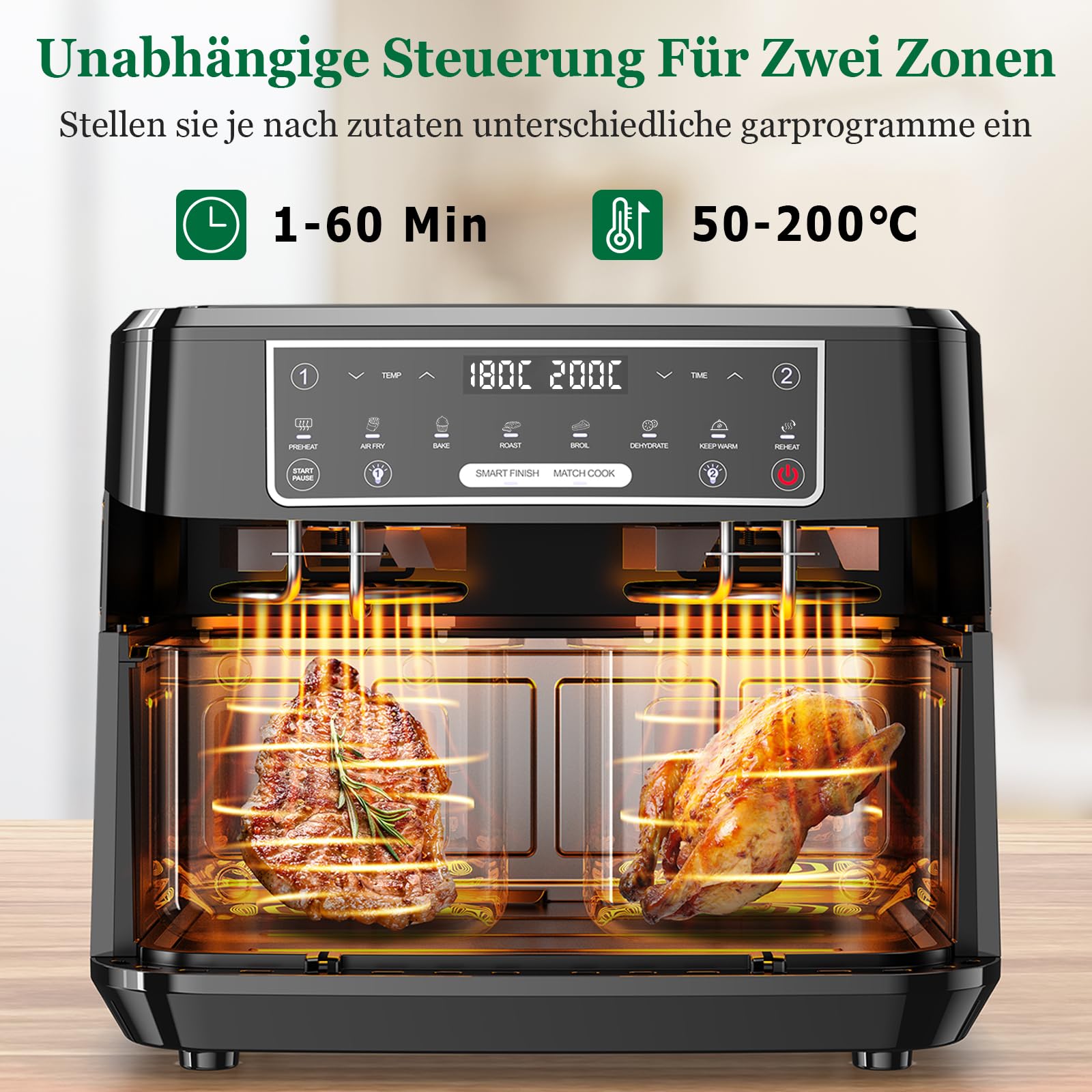 Heißluftfritteuse 7L mit Sichtfenster & Touchscreen – Airfryer mit 10 Programmen, Aufheizfunktion, Innenbeleuchtung | Frittieren ohne Fett | BPA- & PFAS-frei