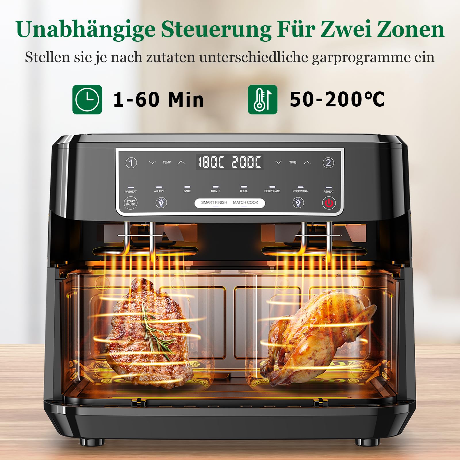 Heißluftfritteuse 7L mit Sichtfenster & Touchscreen – Airfryer mit 10 Programmen, Aufheizfunktion, Innenbeleuchtung | Frittieren ohne Fett | BPA- & PFAS-frei