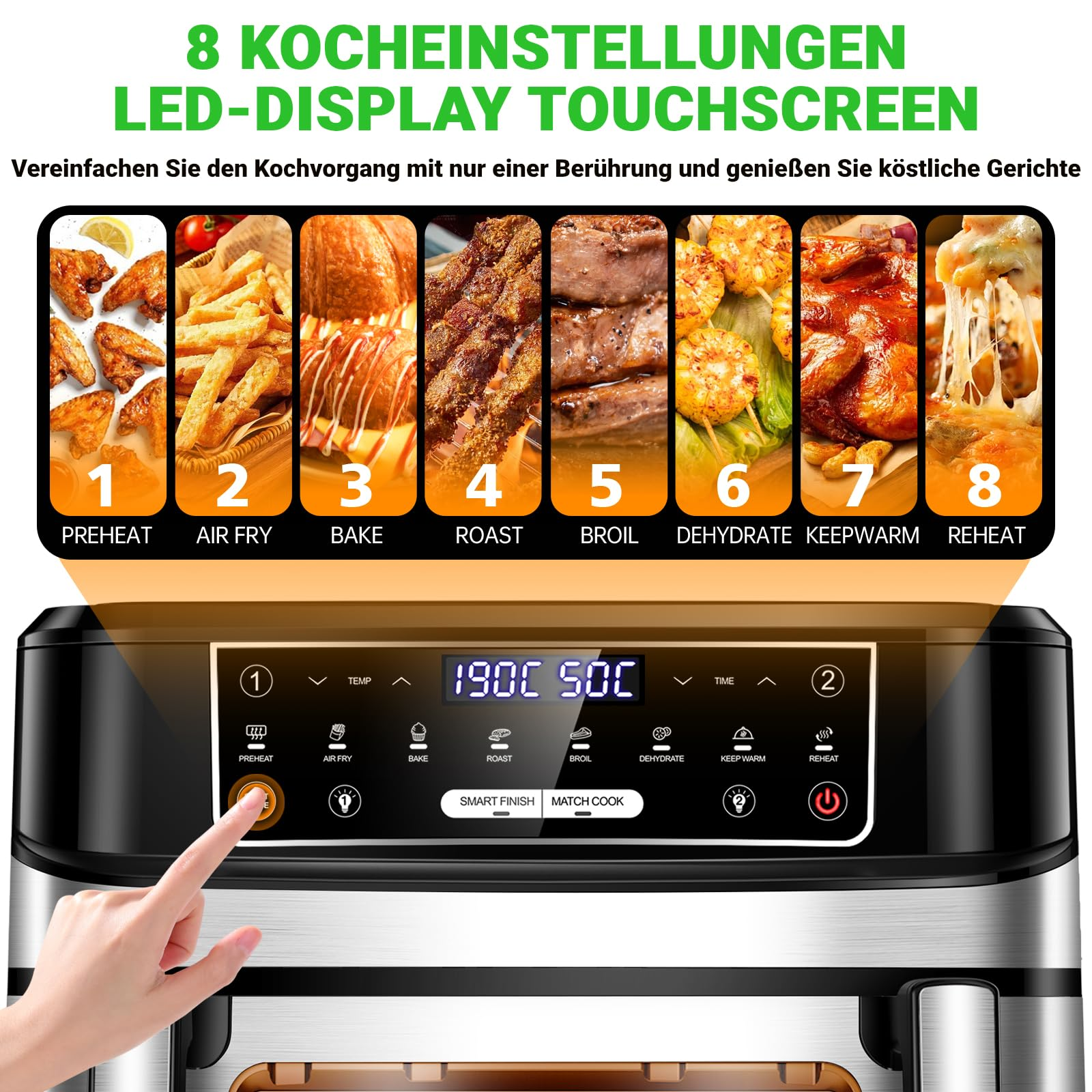 Heißluftfritteuse 7L mit Sichtfenster & Touchscreen – Airfryer mit 10 Programmen, Aufheizfunktion, Innenbeleuchtung | Frittieren ohne Fett | BPA- & PFAS-frei