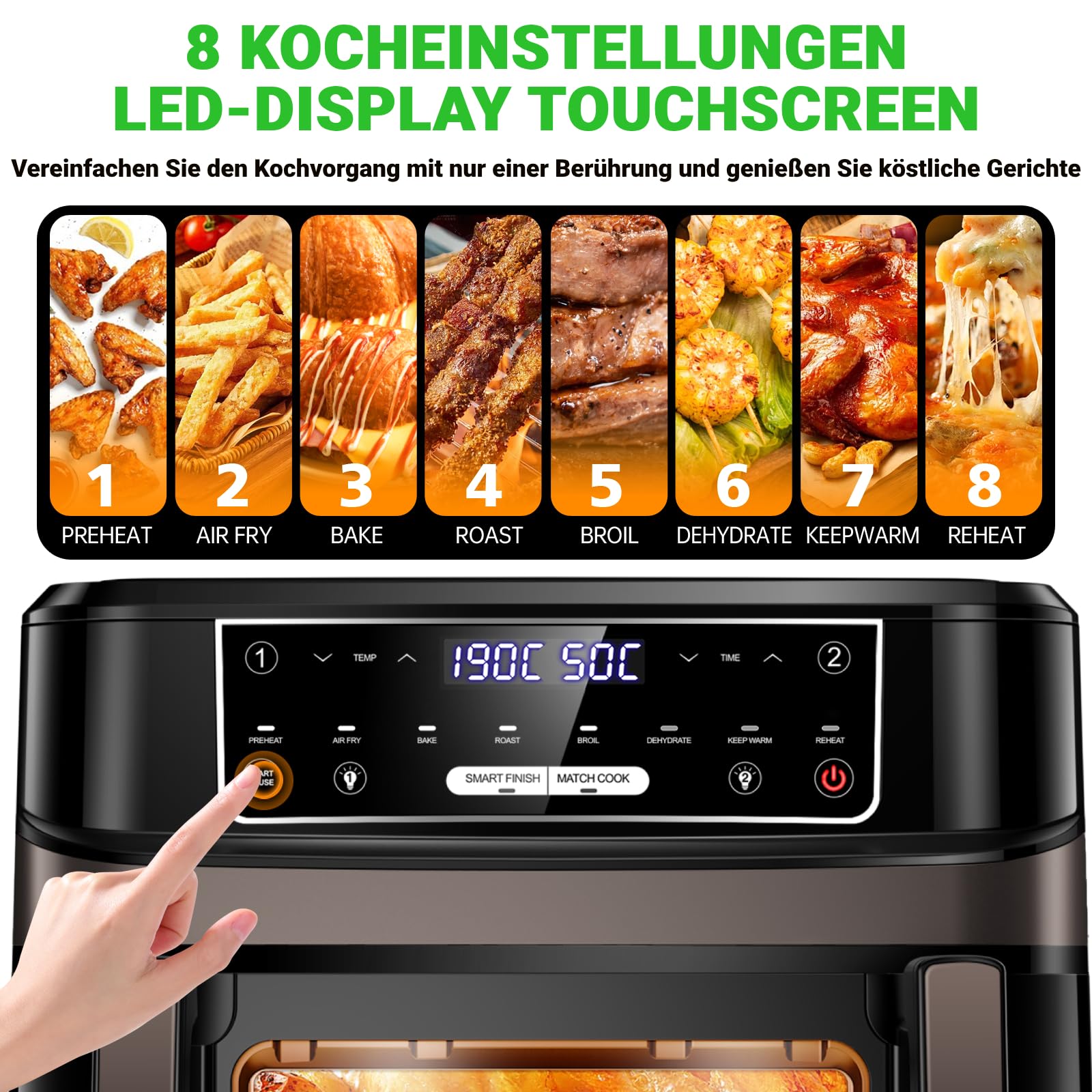 Heißluftfritteuse 7L mit Sichtfenster & Touchscreen – Airfryer mit 10 Programmen, Aufheizfunktion, Innenbeleuchtung | Frittieren ohne Fett | BPA- & PFAS-frei