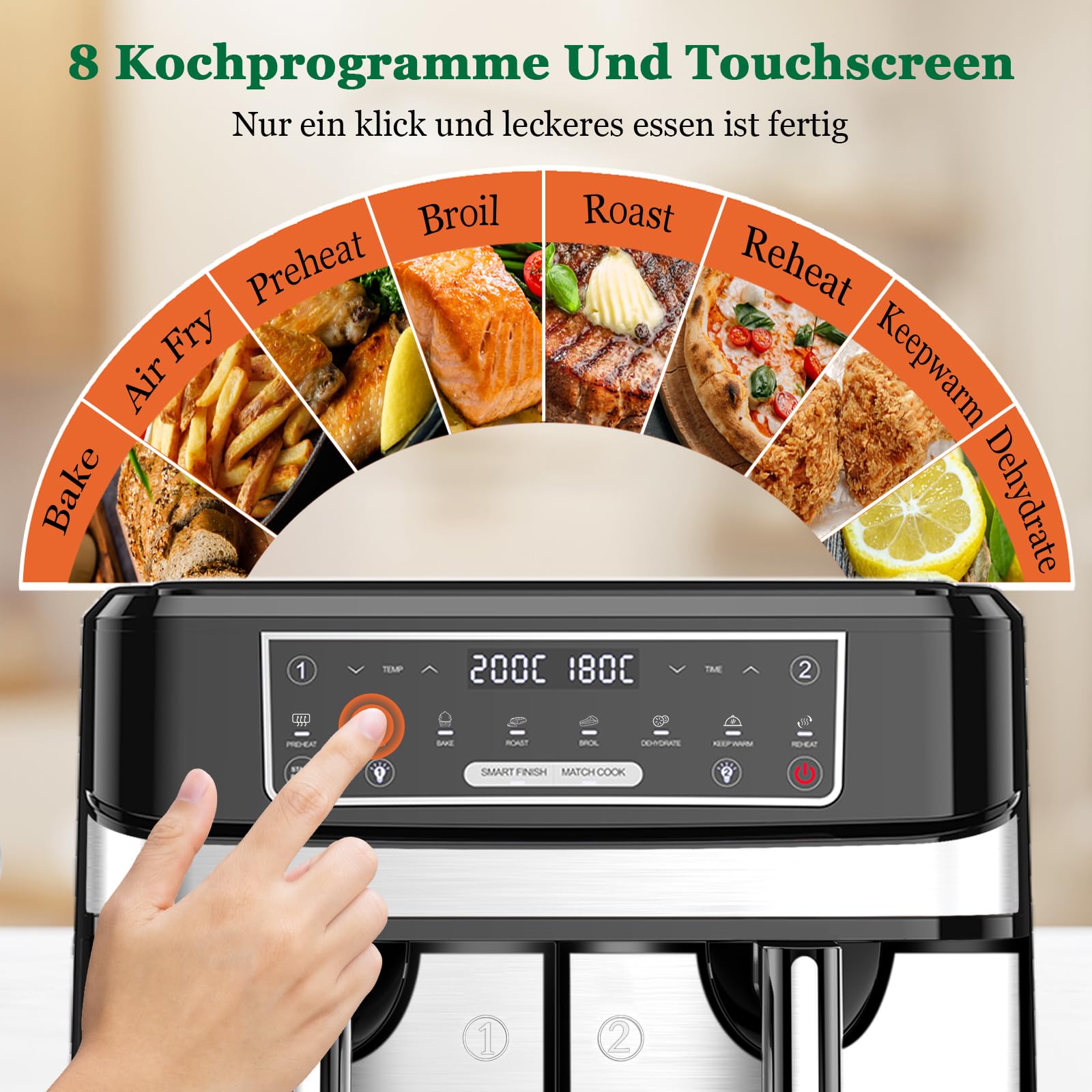 Heißluftfritteuse 7L mit Sichtfenster & Touchscreen – Airfryer mit 10 Programmen, Aufheizfunktion, Innenbeleuchtung | Frittieren ohne Fett | BPA- & PFAS-frei