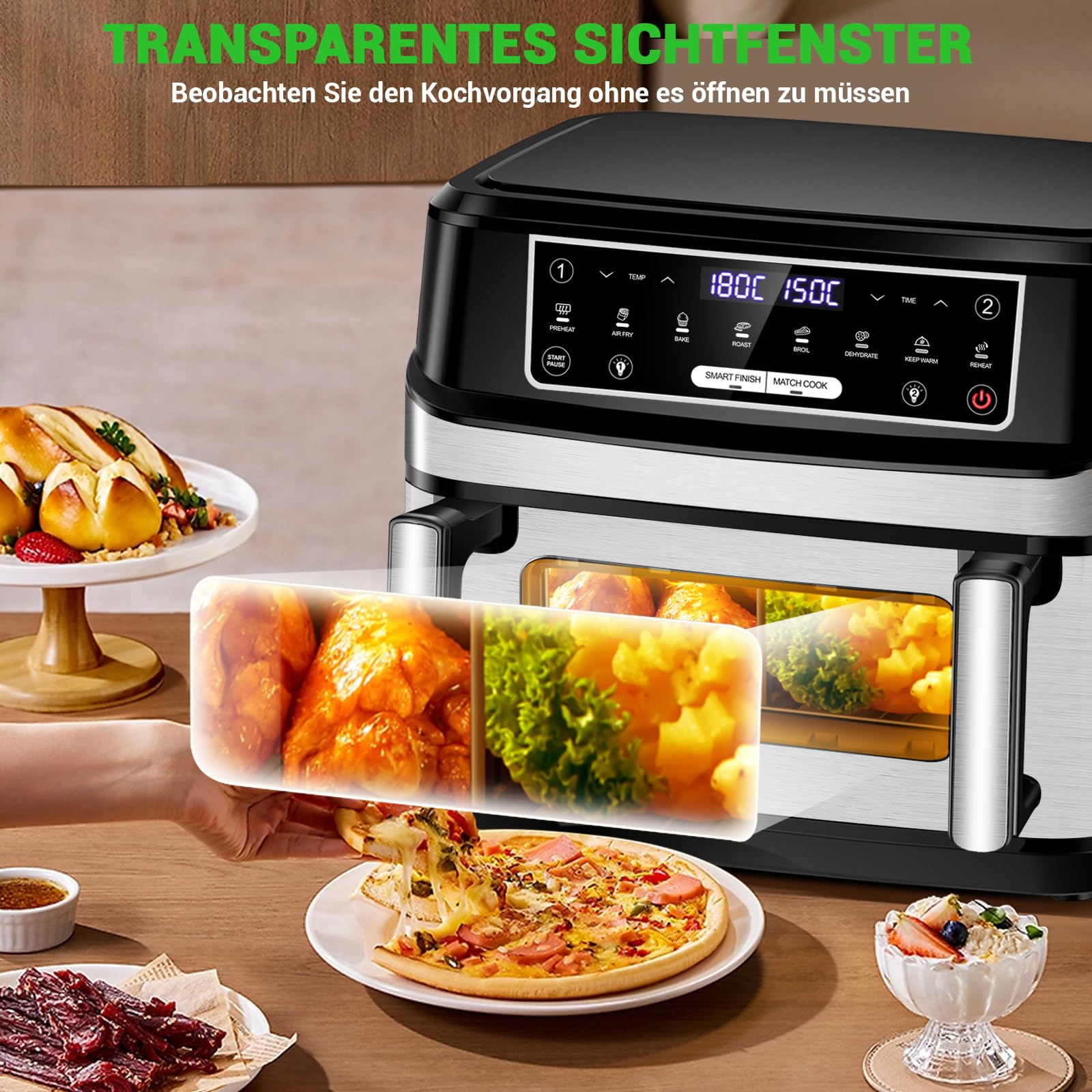 Heißluftfritteuse 7L mit Sichtfenster & Touchscreen – Airfryer mit 10 Programmen, Aufheizfunktion, Innenbeleuchtung | Frittieren ohne Fett | BPA- & PFAS-frei