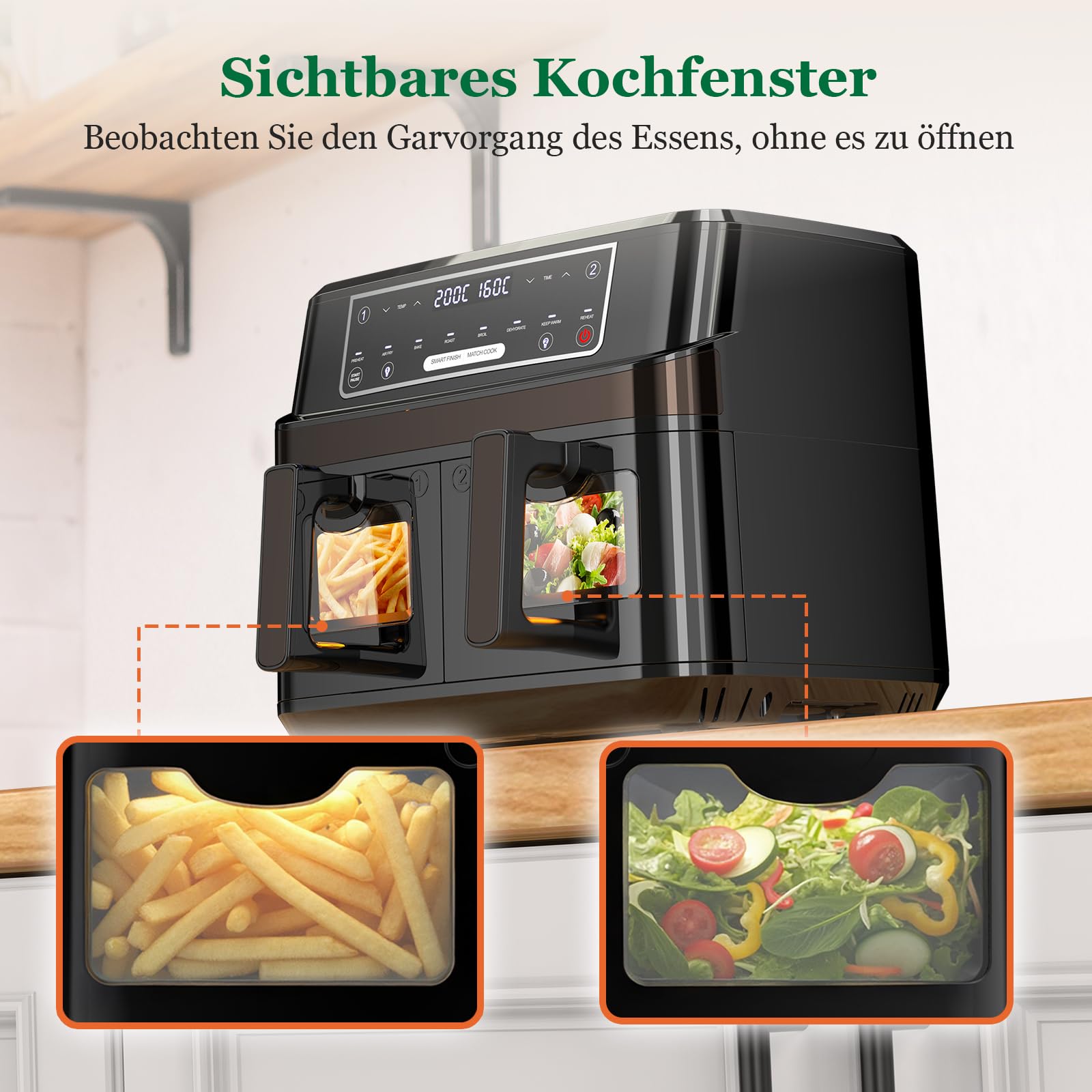 Heißluftfritteuse 7L mit Sichtfenster & Touchscreen – Airfryer mit 10 Programmen, Aufheizfunktion, Innenbeleuchtung | Frittieren ohne Fett | BPA- & PFAS-frei