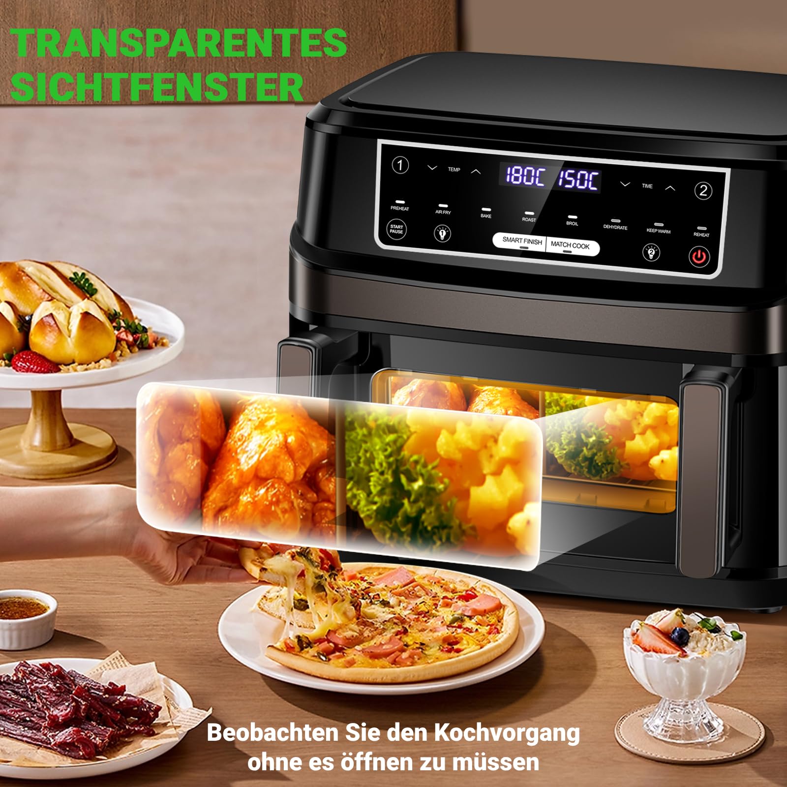 Heißluftfritteuse 7L mit Sichtfenster & Touchscreen – Airfryer mit 10 Programmen, Aufheizfunktion, Innenbeleuchtung | Frittieren ohne Fett | BPA- & PFAS-frei