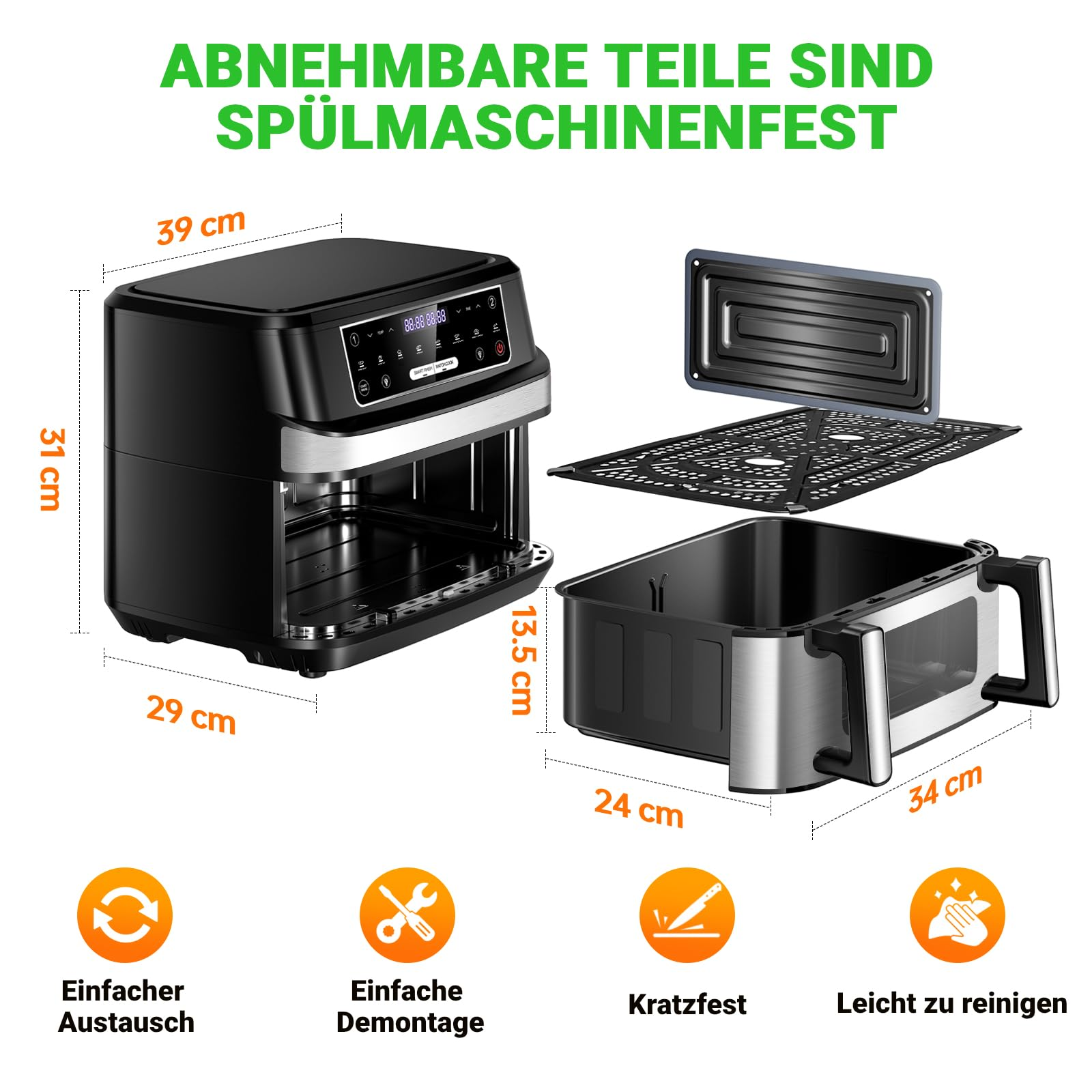 Heißluftfritteuse 7L mit Sichtfenster & Touchscreen – Airfryer mit 10 Programmen, Aufheizfunktion, Innenbeleuchtung | Frittieren ohne Fett | BPA- & PFAS-frei
