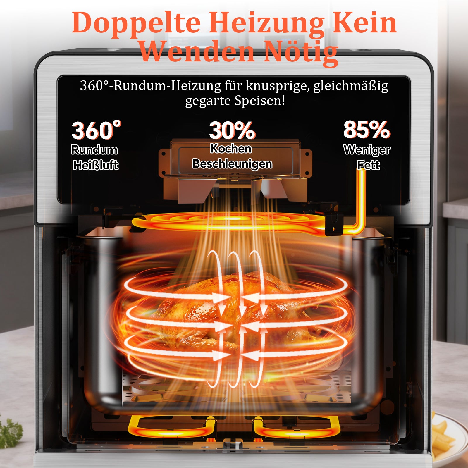 Heißluftfritteuse 8L XXL | Airfryer Ober/Unterhitze Heizelemente